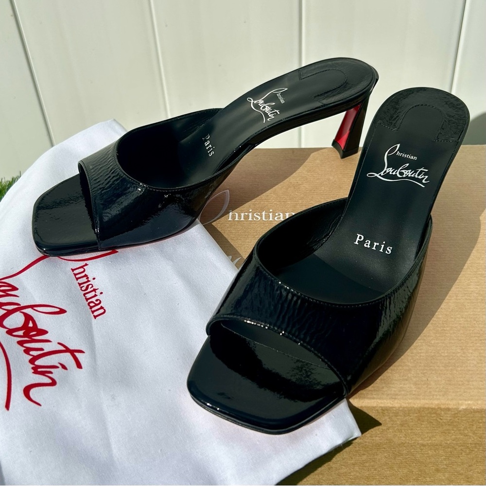 CHRISTIAN LOUBOUTIN CONDORA MULE 55 BLACK PAT. LEATHER SANDAL MID HEEL 37.5 NEW - Picture 3 of 16